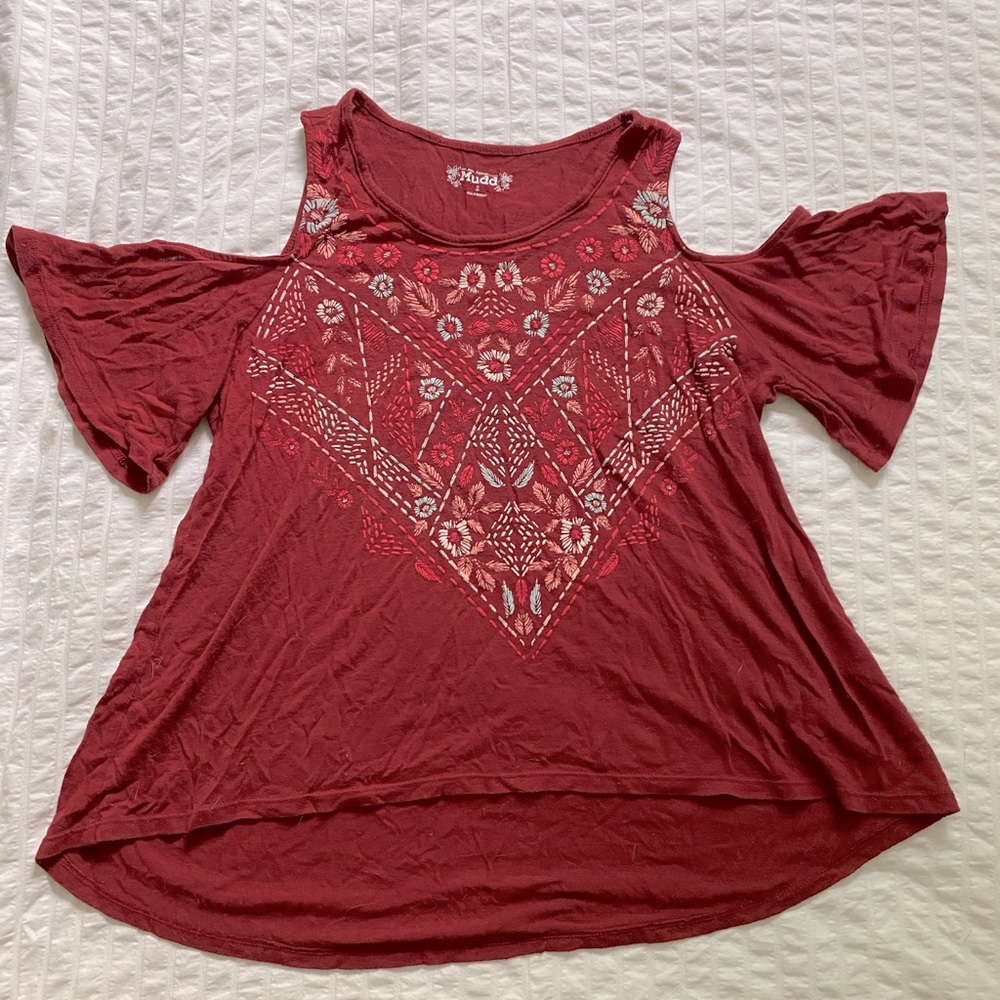 Womens Small Boho Red Off The Shoulder Short Sleeve Top